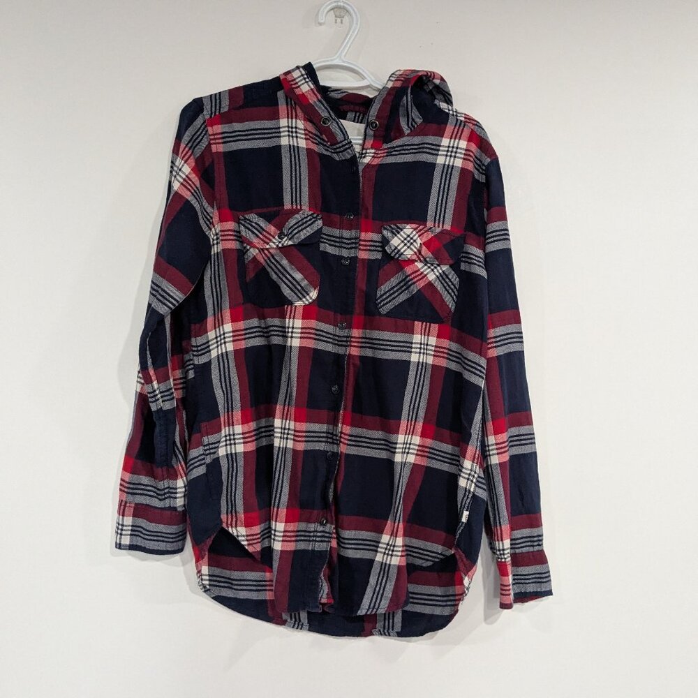 *3/$10* Garage Plaid Hooded Flannel Button Up Top Navy Blue Red White Size Small